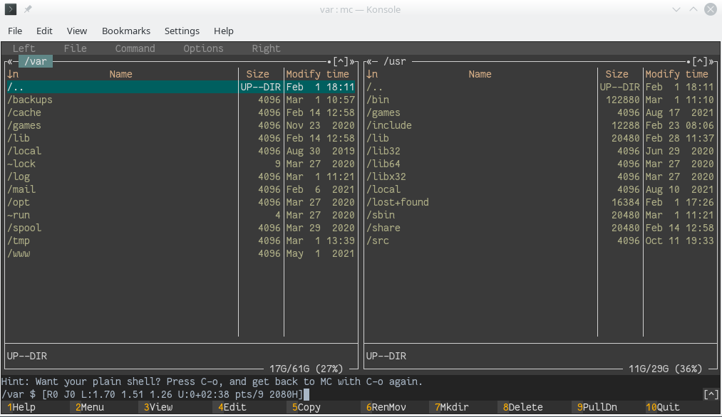 Konsole screenshot of mc running with modarin256 theme